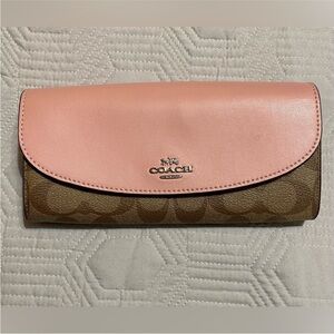 Coach Pink Leather Flap Signature Canvas Continental Wallet